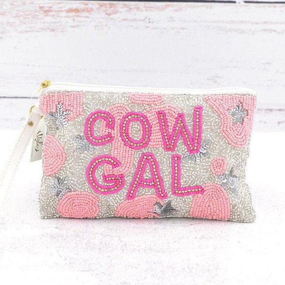 Beaded Cowgal Wristlet Bag Pink Silver Star Hat Handbag NEW - Picture 1 of 1